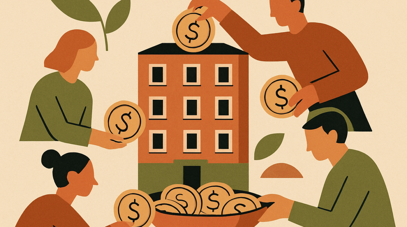 Ilustração de investidores a financiarem em conjunto um edifício