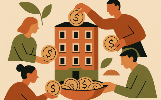 Ilustração de investidores a financiarem em conjunto um edifício