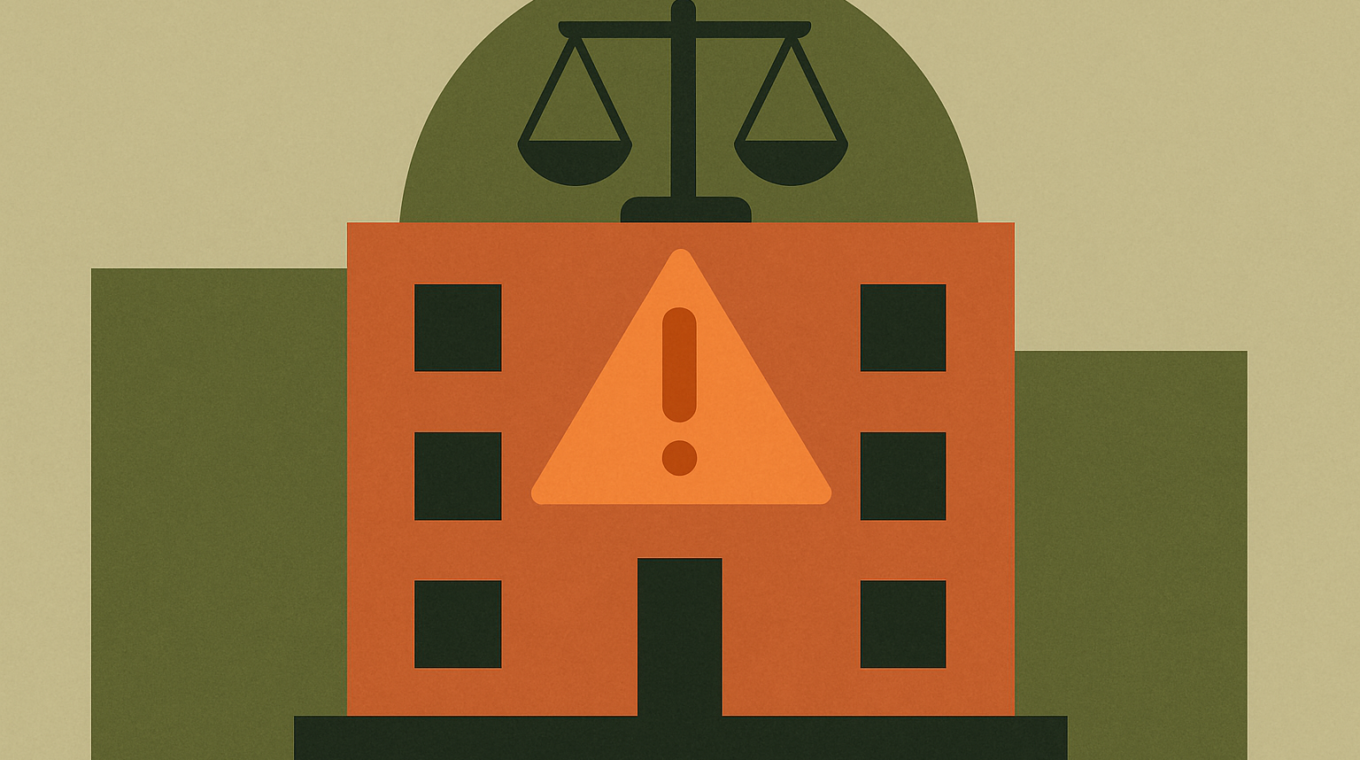 Ilustração de um edifício com símbolos de risco e equilíbrio